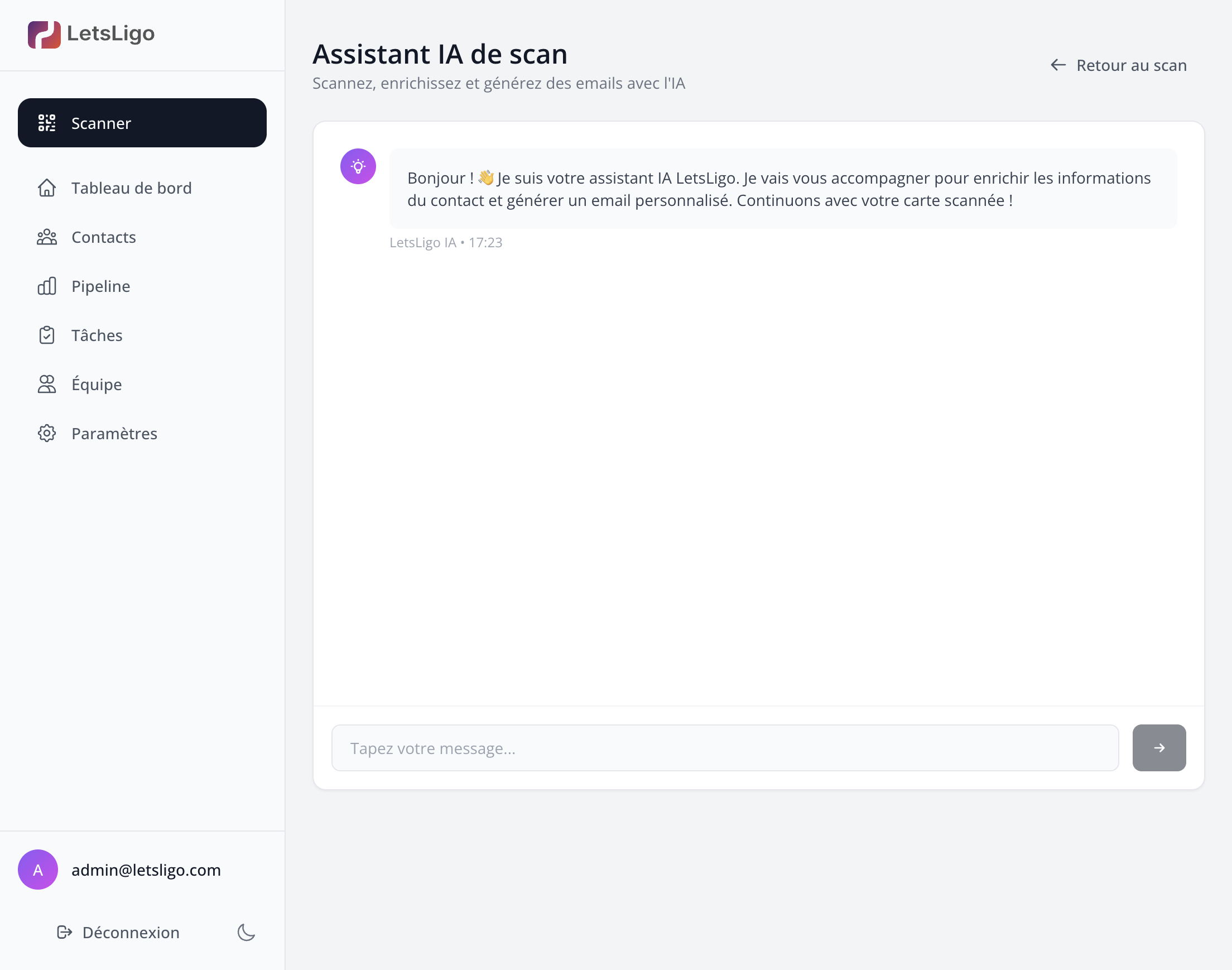 Assistant IA de scan - Écran initial