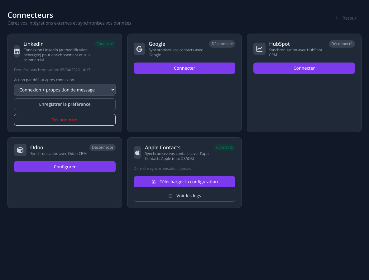 Paramètres — page Connecteurs avec la carte LinkedIn (aperçu réel de l’application)