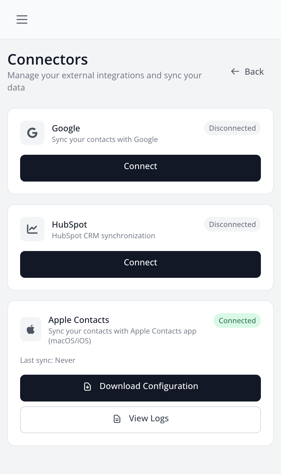 Page des connecteurs