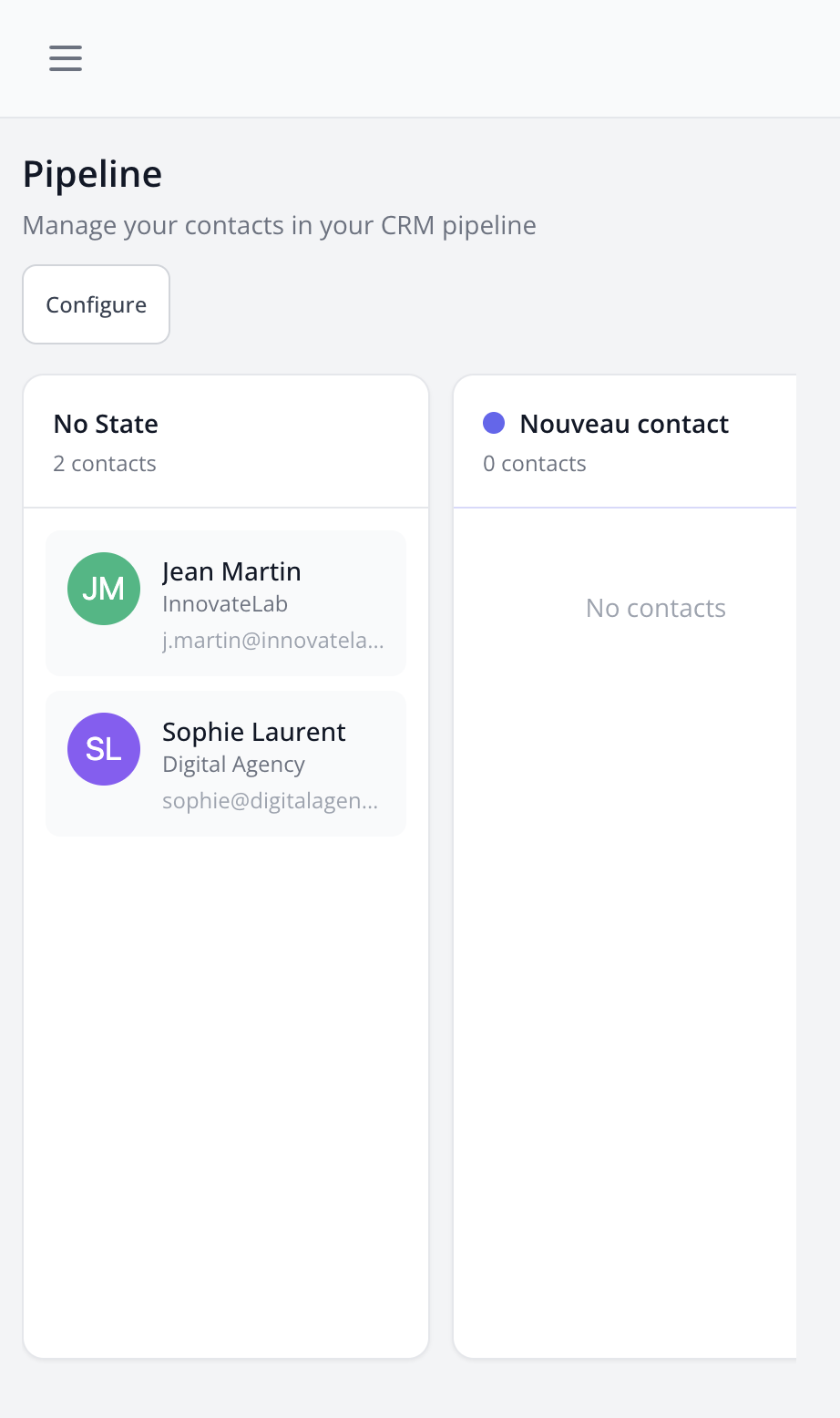 Vue Kanban du pipeline CRM