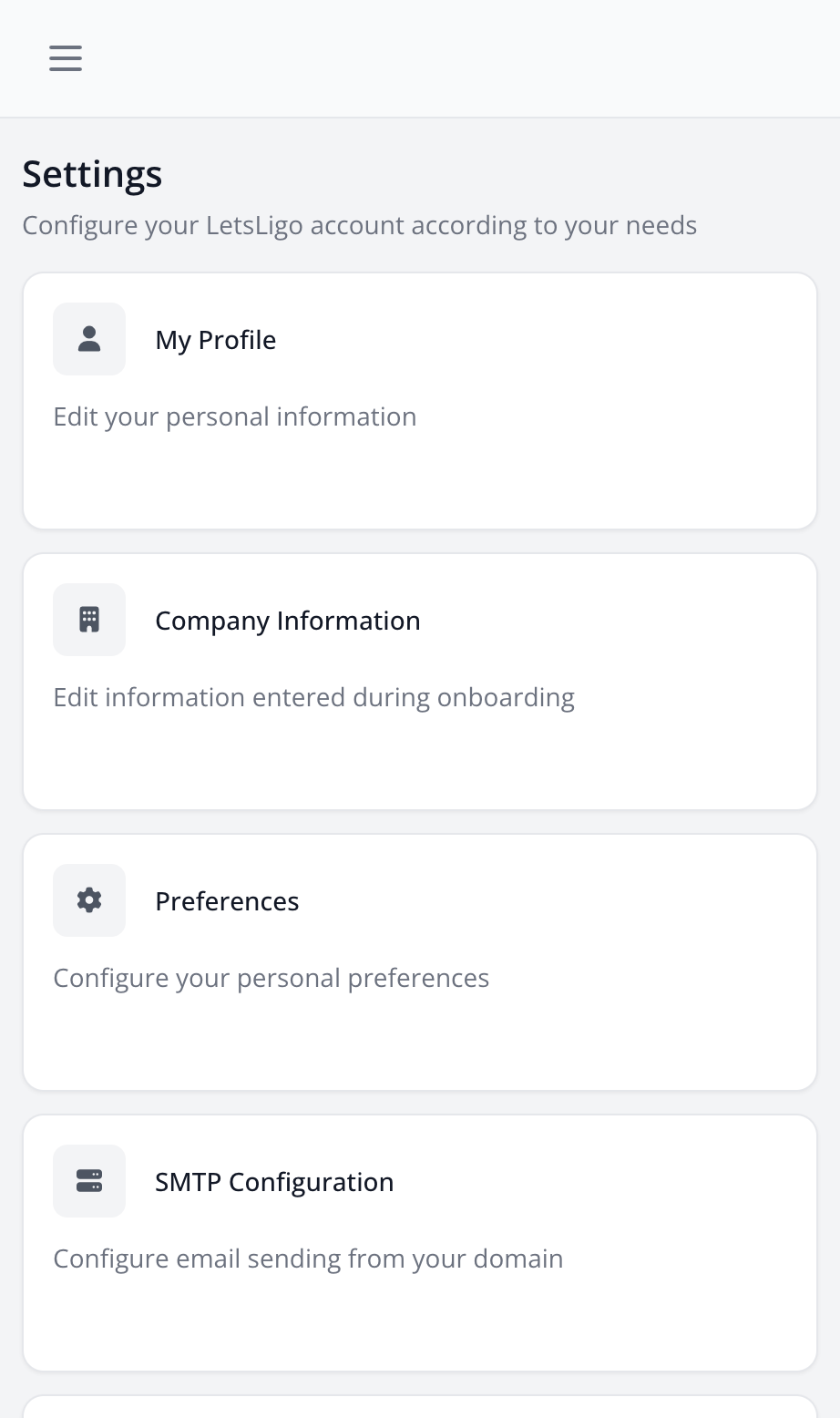 Settings page